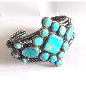 Vtg Fine Navajo Signed Sterling Silver Turquoise Cuff Bracelet 25 stones 76 g